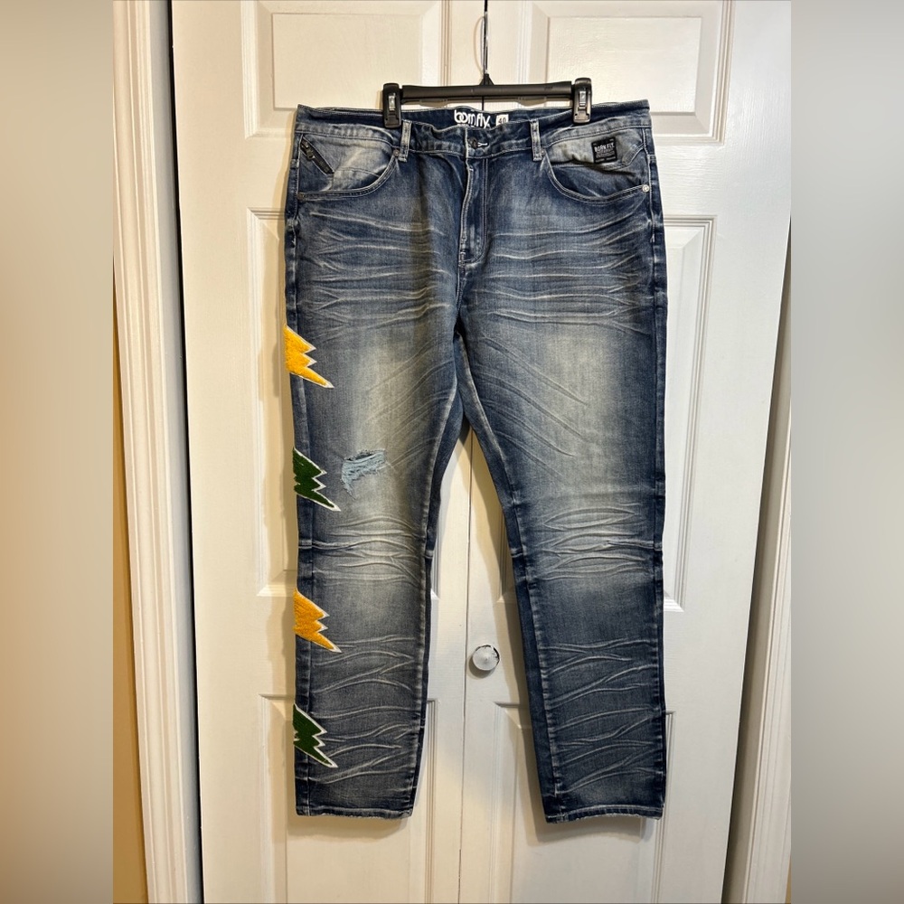 Born Fly Blue Denim Skinny Jeans Distressed Patches Big & Tall Men Size 40 x 33